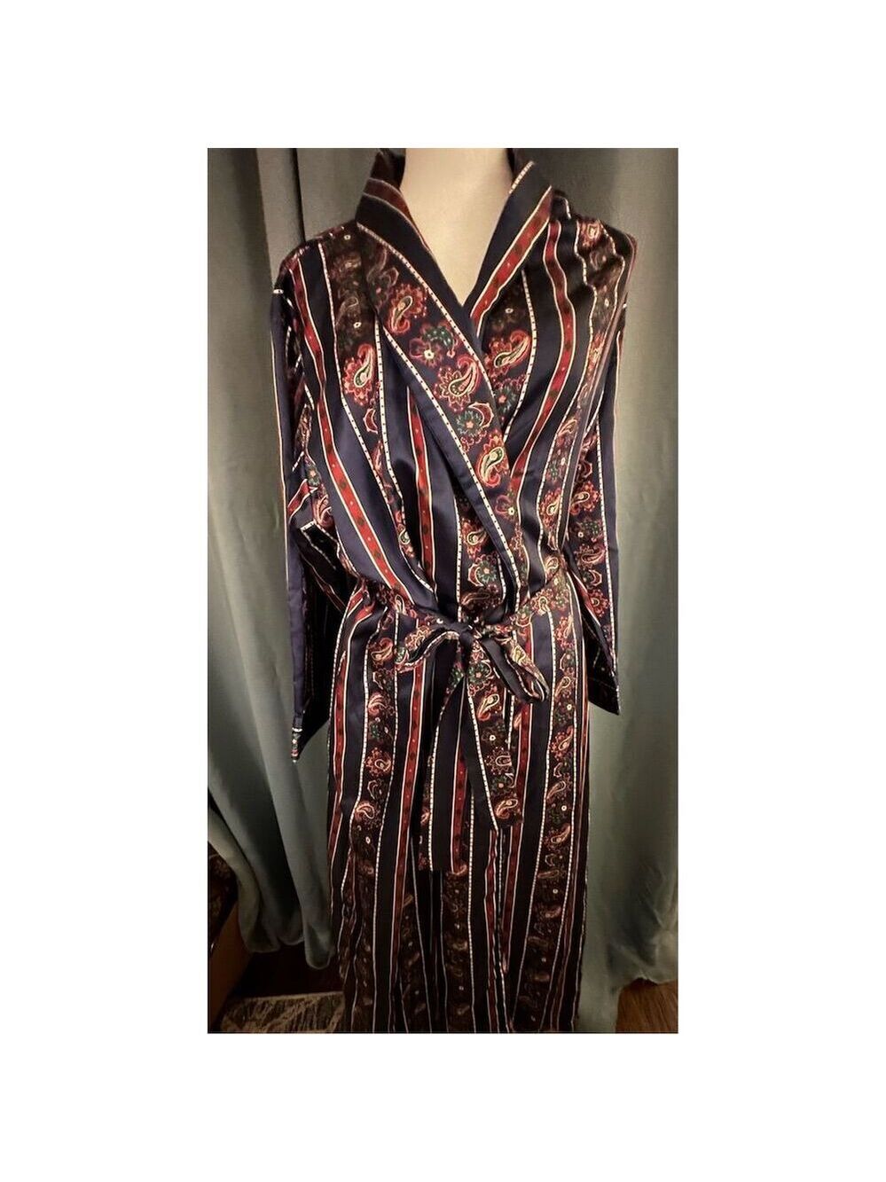 Moments Women's Vintage Striped Paisley Satin Kimono Robe M Multicolor